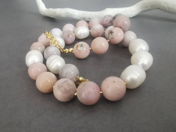 Set colier si cercei din perle de cultura si opal roz CP62