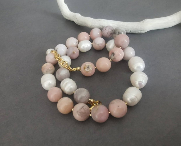 Set colier si cercei din perle de cultura si opal roz CP62
