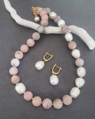 Set colier si cercei din perle de cultura si opal roz CP62