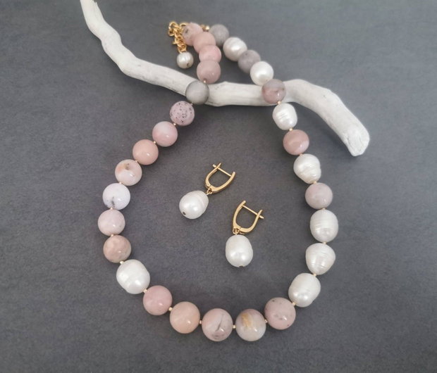 Set colier si cercei din perle de cultura si opal roz CP62