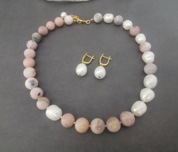 Set colier si cercei din perle de cultura si opal roz CP62