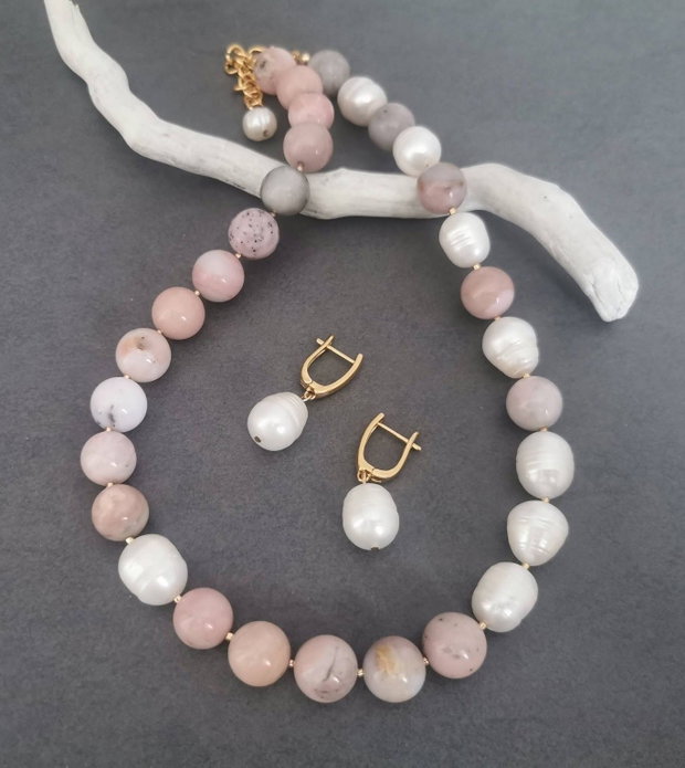 Set colier si cercei din perle de cultura si opal roz CP62