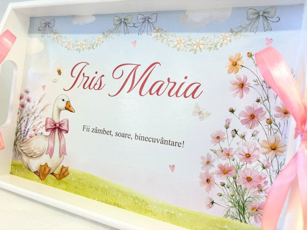 Set aniversar personalizat 1 anisor - Gâsca fericită - Tavita mot si accesorii