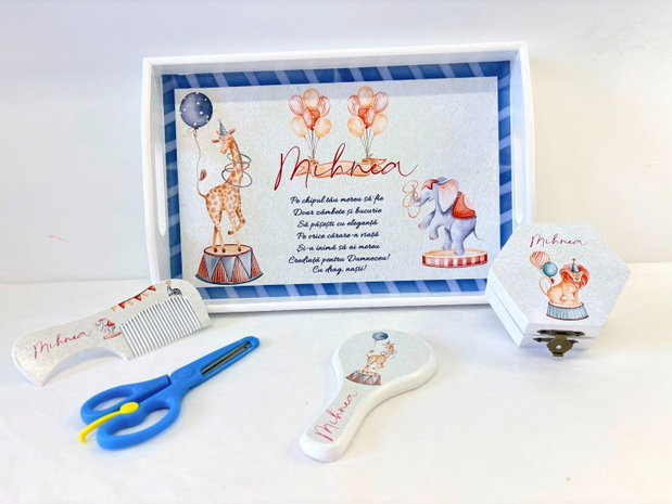 Set aniversar personalizat 1 anisor - Circus - Tavita mot si accesorii