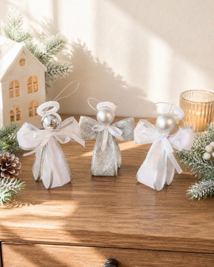 Îngerași Handmade Set 3 Buc | Panglică Decorativă Albă și Argintie | Ornament Brad 12cm