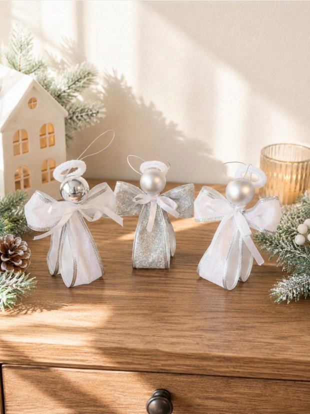 Îngerași Handmade Set 3 Buc | Panglică Decorativă Albă și Argintie | Ornament Brad 12cm