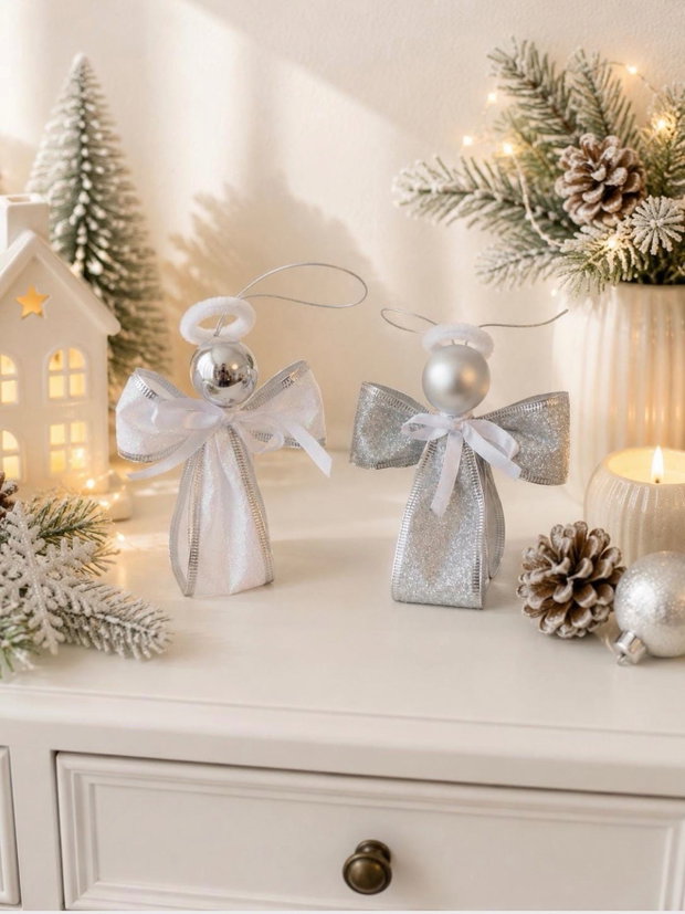 Îngerași Handmade Set 3 Buc | Panglică Decorativă Albă și Argintie | Ornament Brad 12cm