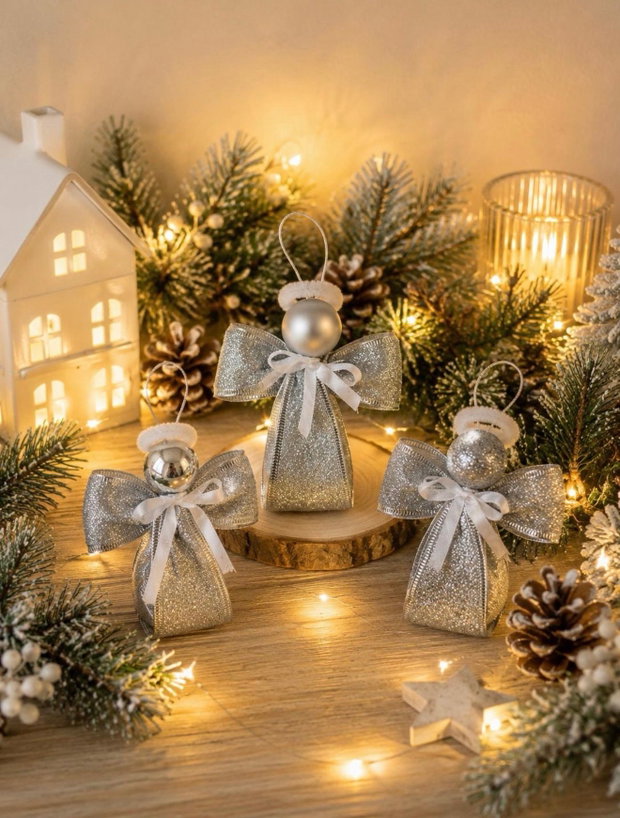 Îngerași Handmade Set 3 Buc | Panglică Decorativă Albă și Argintie | Ornament Brad 12cm