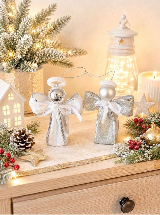 Îngerași Handmade Set 3 Buc | Panglică Decorativă Albă și Argintie | Ornament Brad 12cm