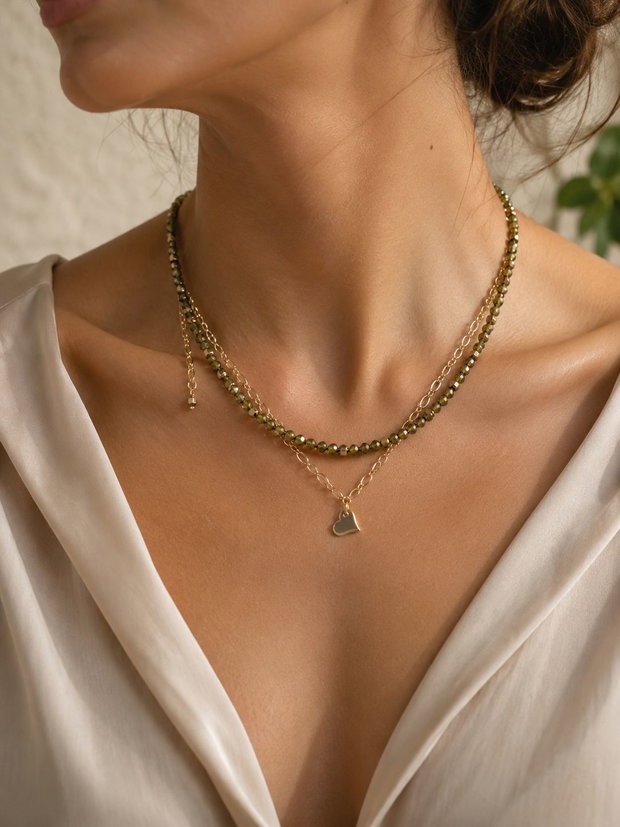 COLIER~MORNING DEW~cubic zirconia olive,hematit auriu,inox