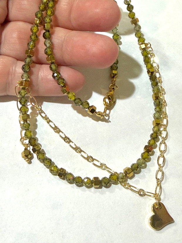 COLIER~MORNING DEW~cubic zirconia olive,hematit auriu,inox