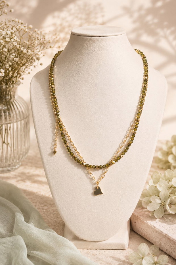 COLIER~MORNING DEW~cubic zirconia olive,hematit auriu,inox