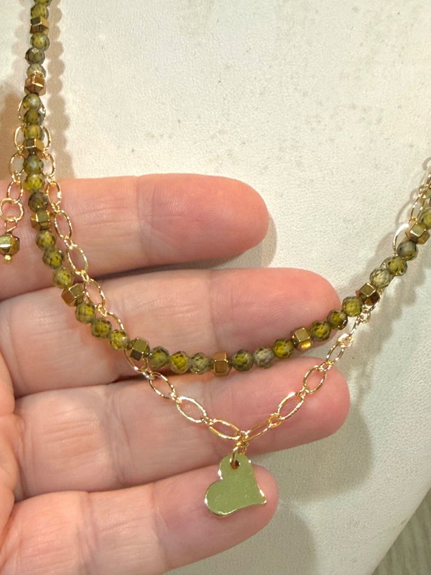 COLIER~MORNING DEW~cubic zirconia olive,hematit auriu,inox