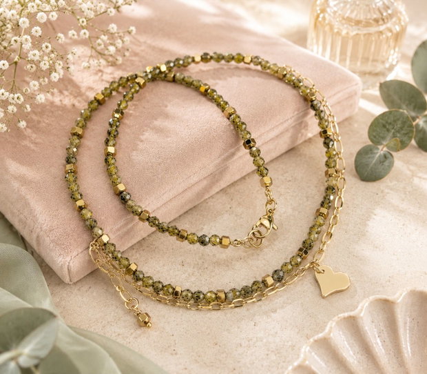 COLIER~MORNING DEW~cubic zirconia olive,hematit auriu,inox