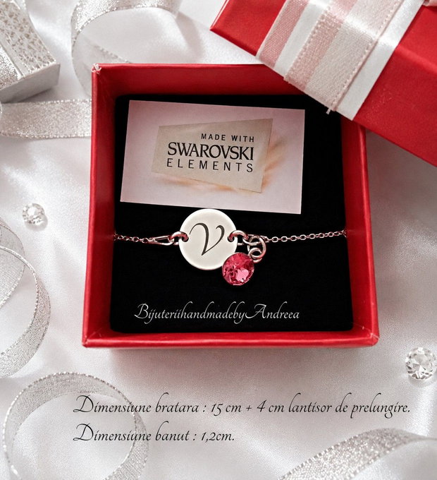 Bratara argint 925 cu banut argint 925 gravat si charm Swarovski