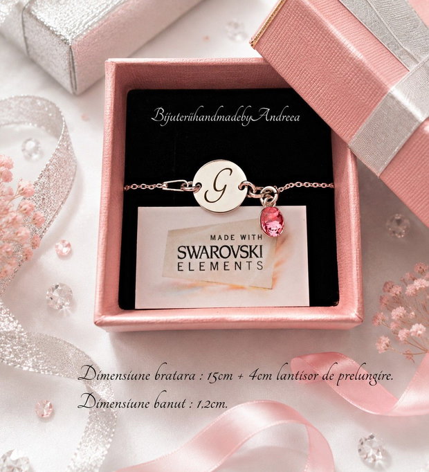 Bratara argint 925 cu banut argint 925 gravat si charm Swarovski