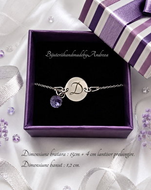 Bratara argint 925 cu banut argint 925 gravat si charm Swarovski