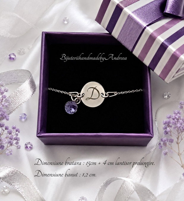Bratara argint 925 cu banut argint 925 gravat si charm Swarovski