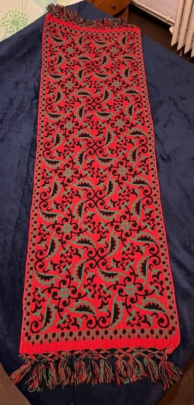 Eșarfă Jacquard reversibilă vintage 100% lână - roșu, negru, verde, popular slav