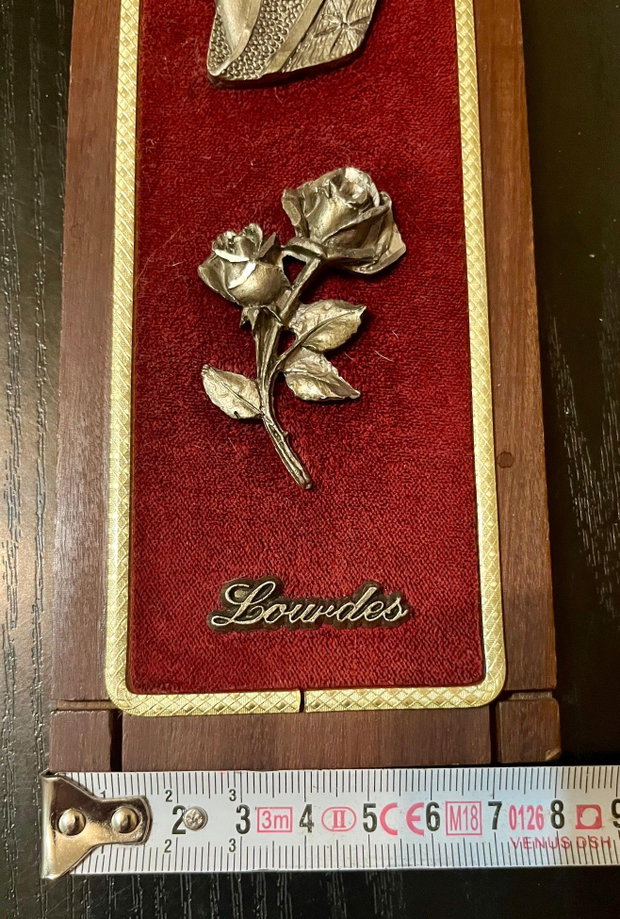Placă religioasă devotală vintage cu Maica Domnului de la Lourdes