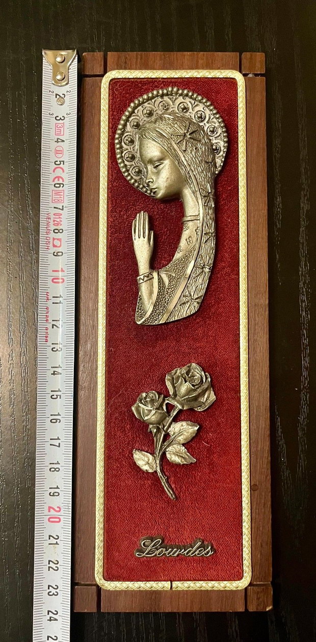 Placă religioasă devotală vintage cu Maica Domnului de la Lourdes
