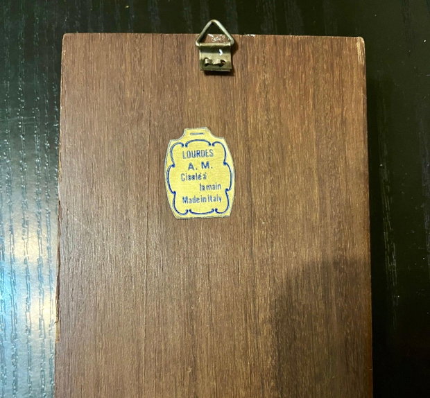Placă religioasă devotală vintage cu Maica Domnului de la Lourdes