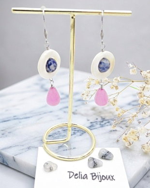 Cercei handmade din sidef, sodalit și jad roz accesorii din inox bijuterii unicat (cod1459)