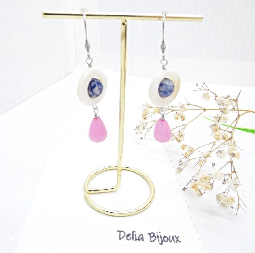 Cercei handmade din sidef, sodalit și jad roz accesorii din inox bijuterii unicat (cod1459)