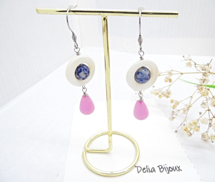 Cercei handmade din sidef, sodalit și jad roz accesorii din inox bijuterii unicat (cod1459)