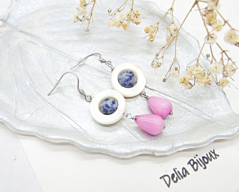Cercei handmade din sidef, sodalit și jad roz accesorii din inox bijuterii unicat (cod1459)