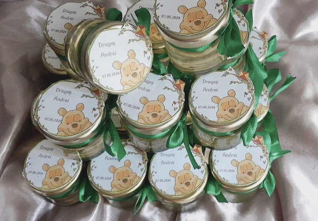 Mărturie pentru botez Borcănaș cu miere 40 ml, personalizat