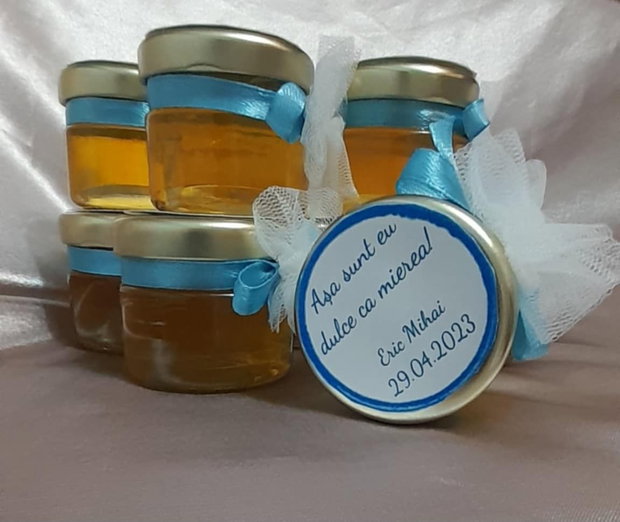 Mărturie pentru botez Borcănaș cu miere 40 ml, personalizat