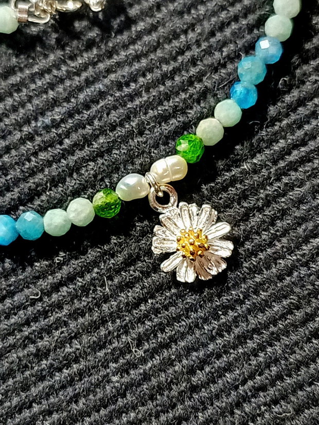 Colier argint crom diopsid aparit amazonit perle naturale de cultura baroc charm floare argint vermeil doua tonuri minimalist boho chic fresh trendy