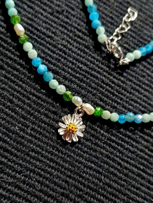 Colier argint crom diopsid aparit amazonit perle naturale de cultura baroc charm floare argint vermeil doua tonuri minimalist boho chic fresh trendy