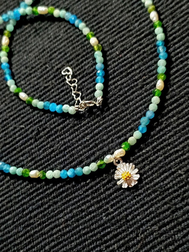 Colier argint crom diopsid aparit amazonit perle naturale de cultura baroc charm floare argint vermeil doua tonuri minimalist boho chic fresh trendy