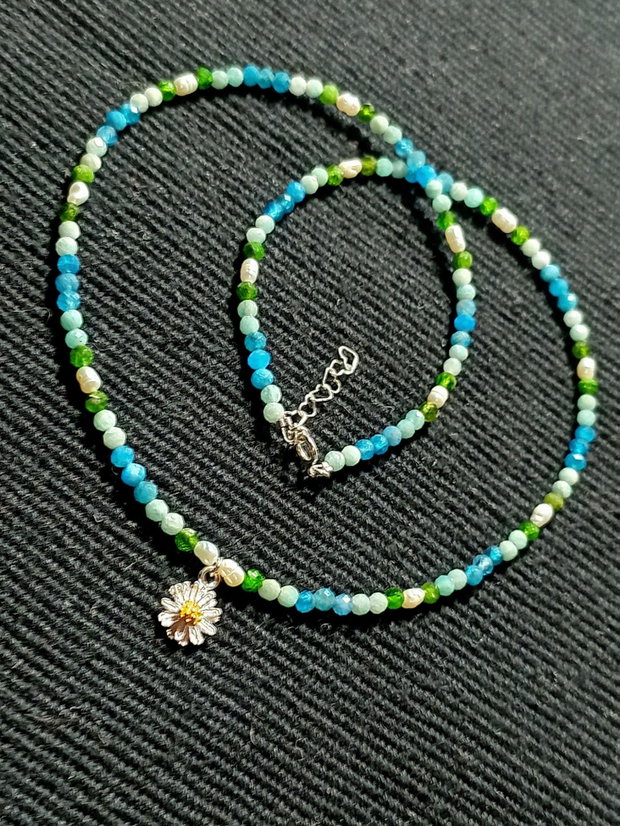 Colier argint crom diopsid aparit amazonit perle naturale de cultura baroc charm floare argint vermeil doua tonuri minimalist boho chic fresh trendy