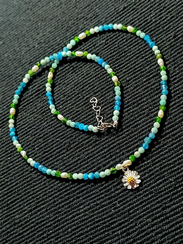 Colier argint crom diopsid aparit amazonit perle naturale de cultura baroc charm floare argint vermeil doua tonuri minimalist boho chic fresh trendy