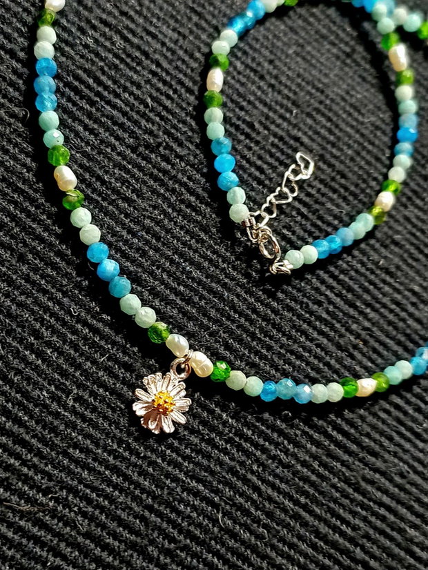 Colier argint crom diopsid aparit amazonit perle naturale de cultura baroc charm floare argint vermeil doua tonuri minimalist boho chic fresh trendy