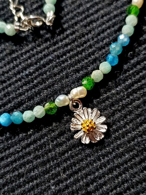 Colier argint crom diopsid aparit amazonit perle naturale de cultura baroc charm floare argint vermeil doua tonuri minimalist boho chic fresh trendy