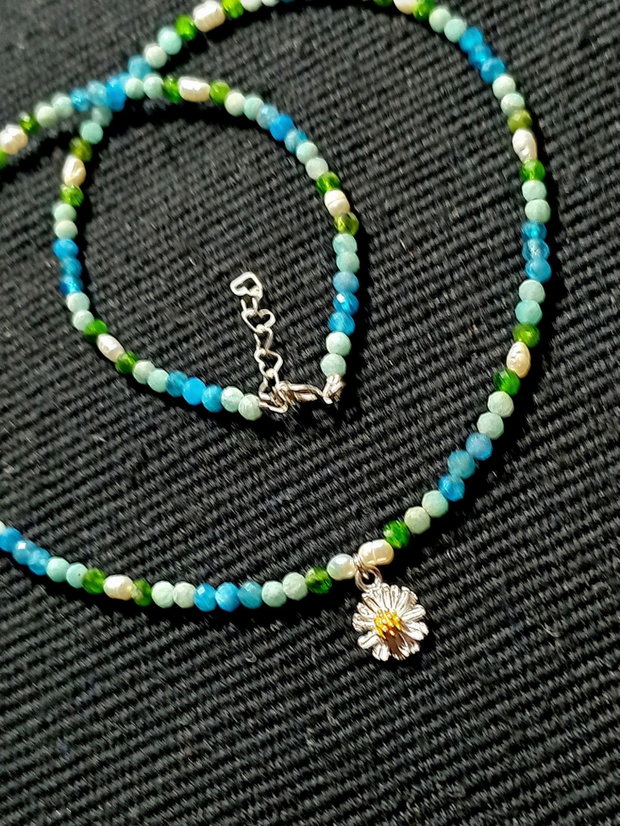 Colier argint crom diopsid aparit amazonit perle naturale de cultura baroc charm floare argint vermeil doua tonuri minimalist boho chic fresh trendy