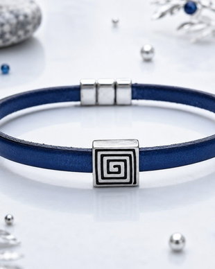 Bratara piele bleumarin 5mm cu slider argintiu motiv grecesc din zamak