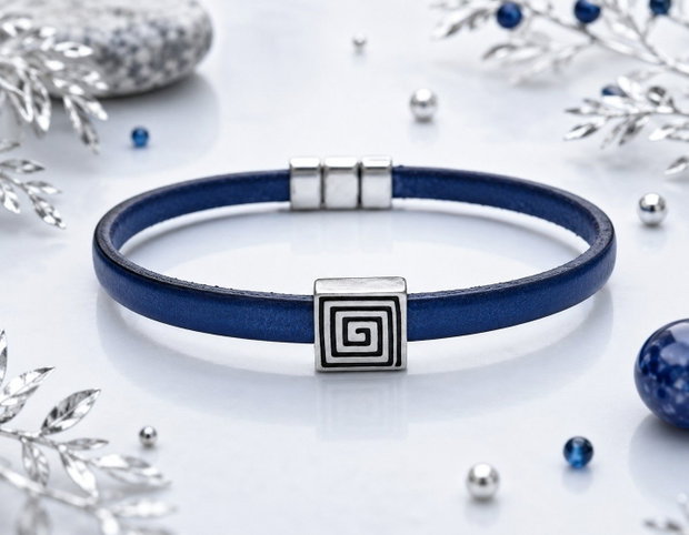 Bratara piele bleumarin 5mm cu slider argintiu motiv grecesc din zamak