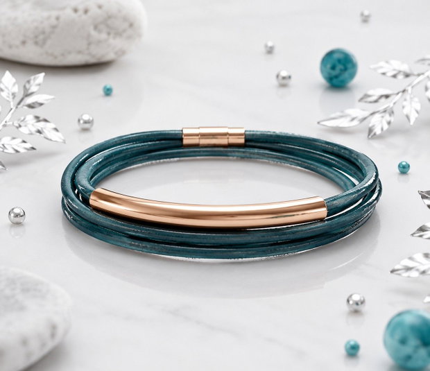 Bratara snur piele turcoaz si link inox