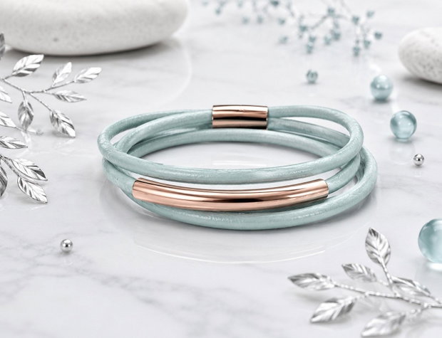 Bratara snur piele cyan si link inox