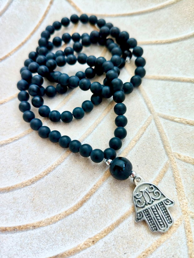 MALA onix mat & mini pandantiv mana lui Hamsa