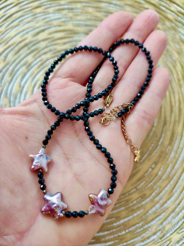 Colier Turmalina neagra / spinel negru & perle steluțe Baroc