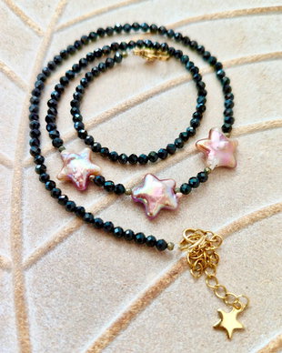 Colier Turmalina neagra / spinel negru & perle steluțe Baroc