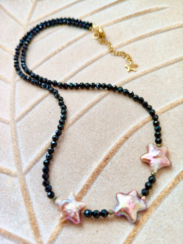 Colier Turmalina neagra / spinel negru & perle steluțe Baroc