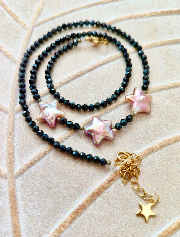 Colier Turmalina neagra / spinel negru & perle steluțe Baroc
