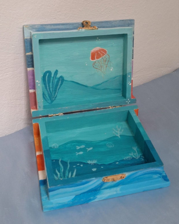 Cutie bijuterii din lemn pictată manual Apus și Ocean